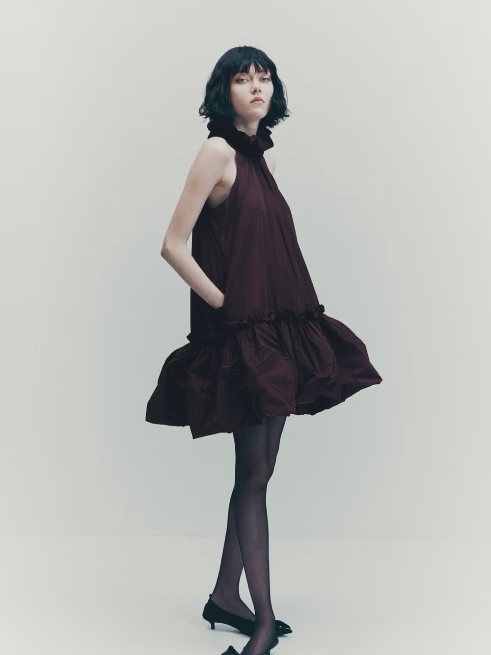 H&M Sofia Steinberg Ruffled Collar Dress Bubble Hem Burgundy Size Large NWT